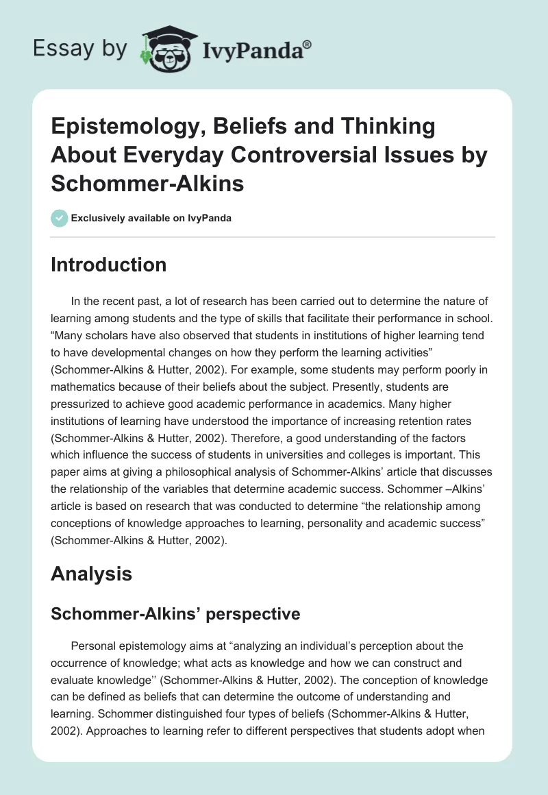 "Epistemology, Beliefs and Thinking About Everyday Controversial Issues" by Schommer-Alkins. Page 1
