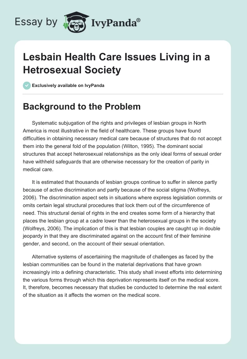Lesbain Health Care Issues Living in a Hetrosexual Society. Page 1