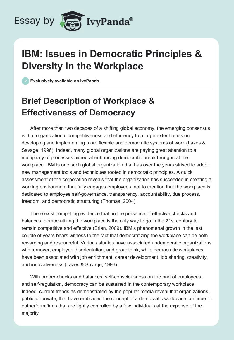 IBM: Issues in Democratic Principles & Diversity in the Workplace. Page 1