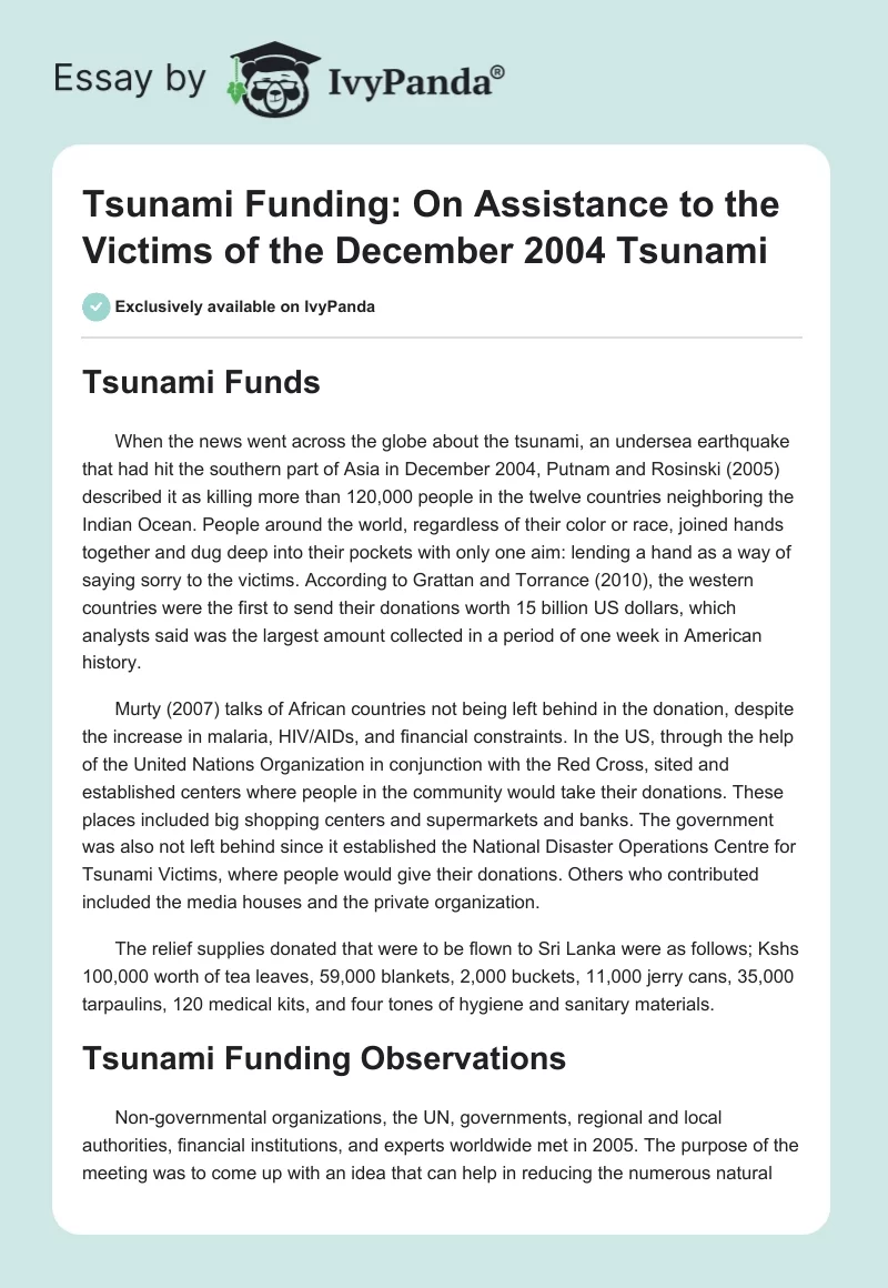 Tsunami Funding: On Assistance to the Victims of the December 2004 Tsunami. Page 1