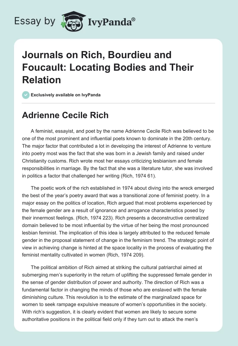 Journals on Rich, Bourdieu and Foucault: Locating Bodies and Their Relation. Page 1
