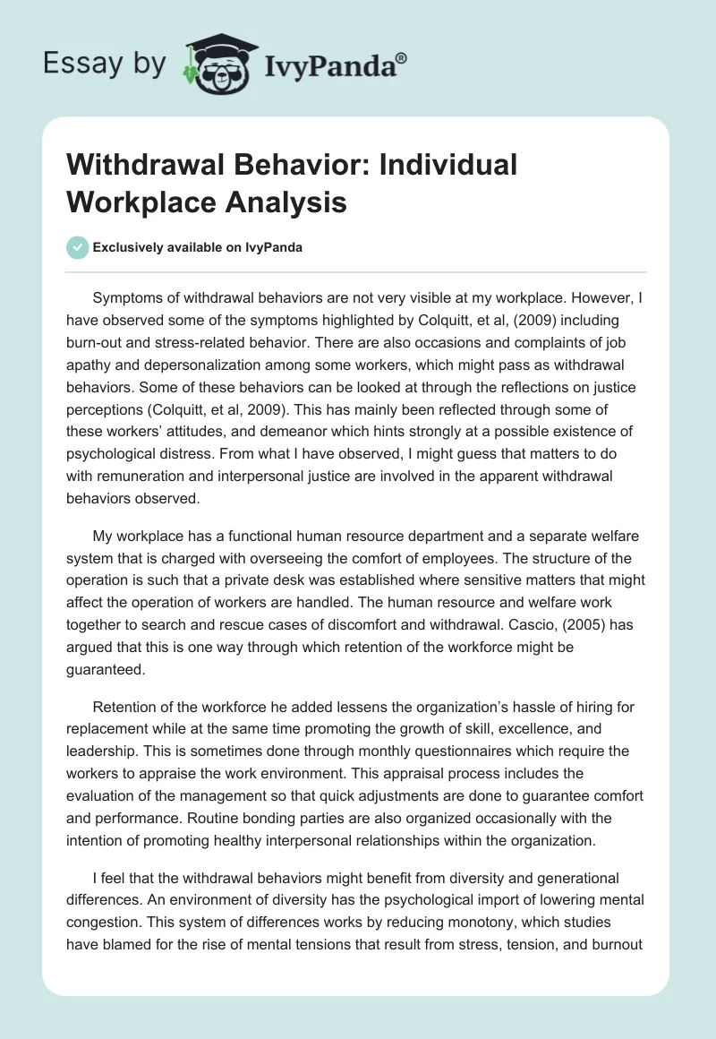 Withdrawal Behavior: Individual Workplace Analysis. Page 1