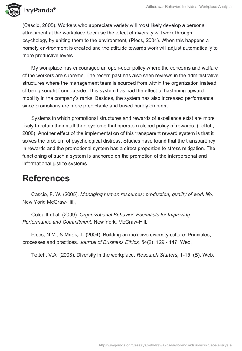 Withdrawal Behavior: Individual Workplace Analysis. Page 2