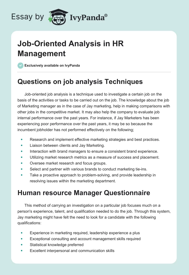 Job-Oriented Analysis in HR Management. Page 1