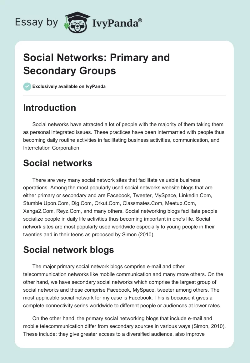Social Networks: Primary and Secondary Groups. Page 1