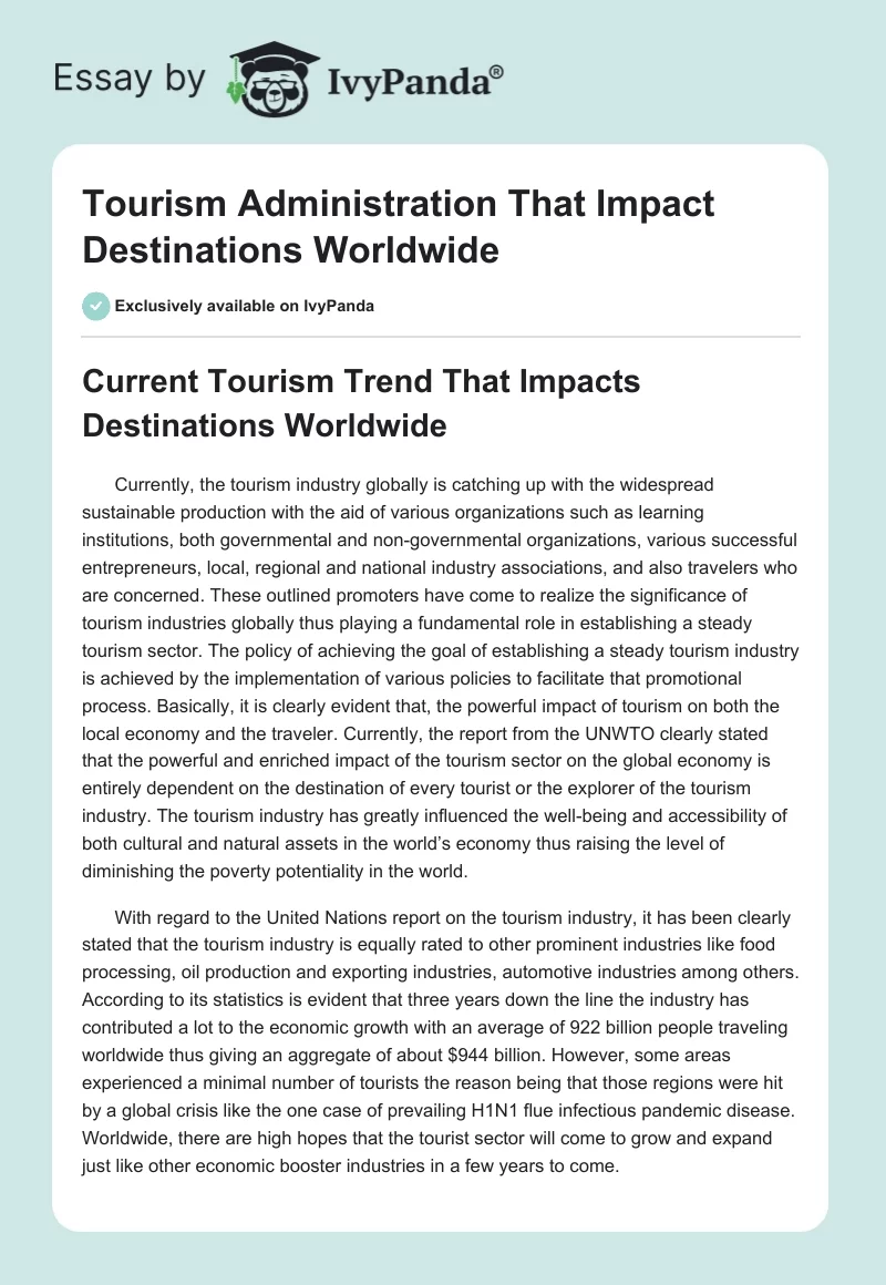 Tourism Administration That Impact Destinations Worldwide. Page 1