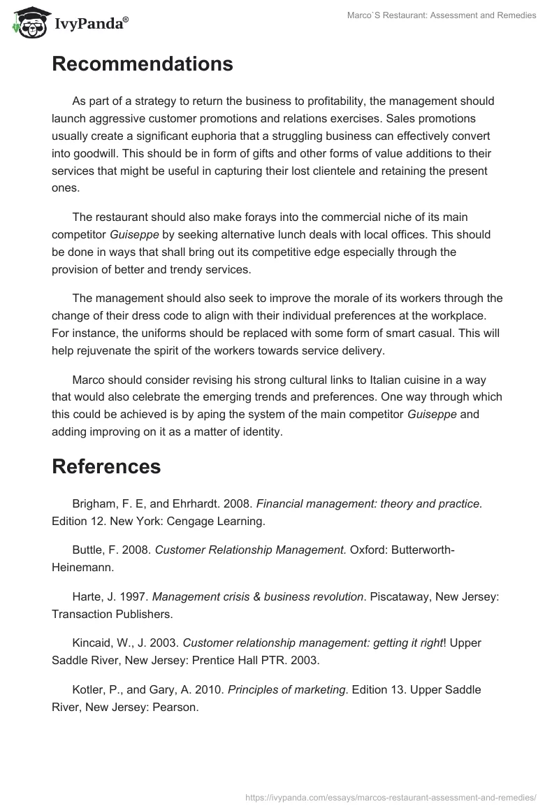 Marco`S Restaurant: Assessment and Remedies. Page 4