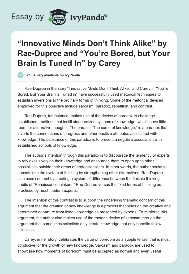 “Innovative Minds Don’t Think Alike” by Rae-Dupree and “You’re Bored, but Your Brain Is Tuned In” by Carey. Page 1