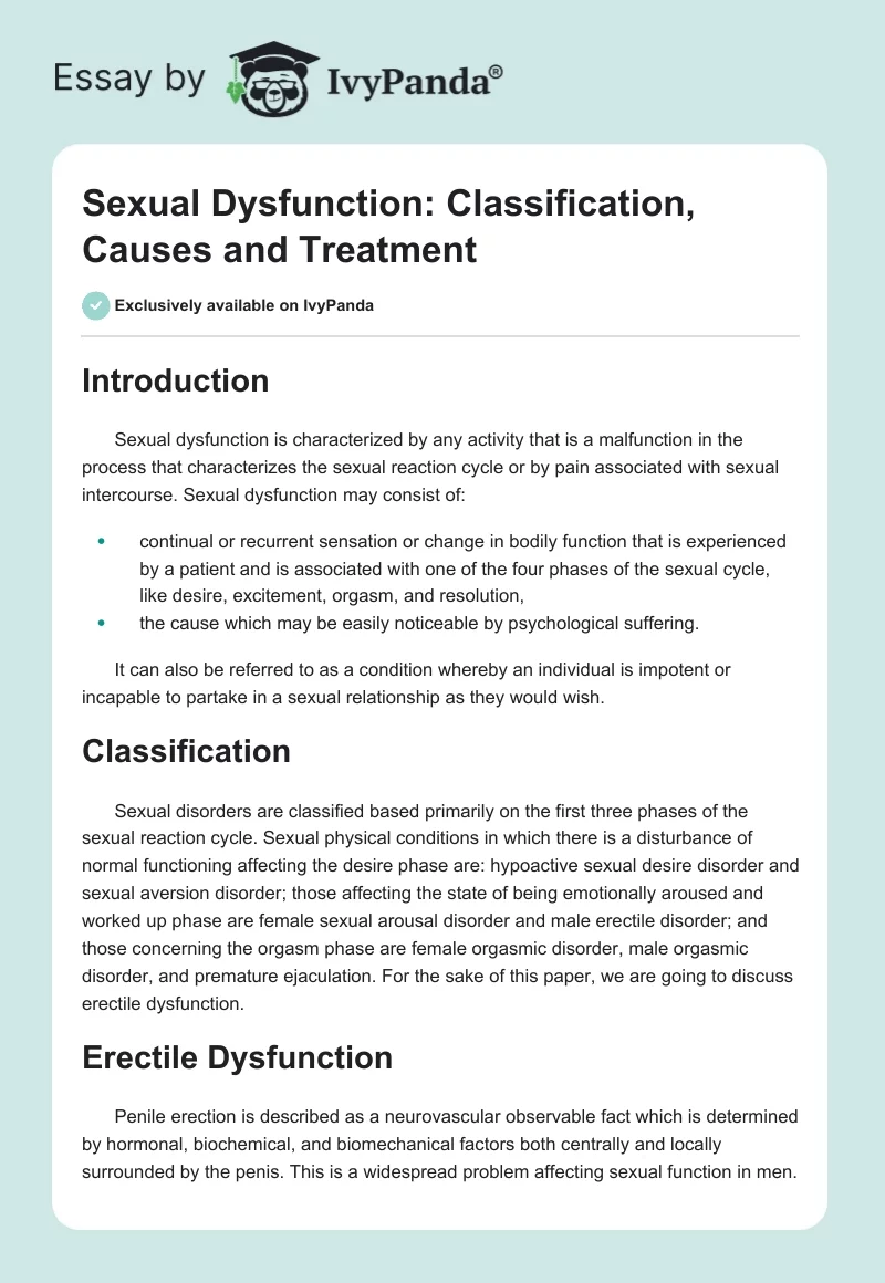 Sexual Dysfunction: Classification, Causes and Treatment. Page 1