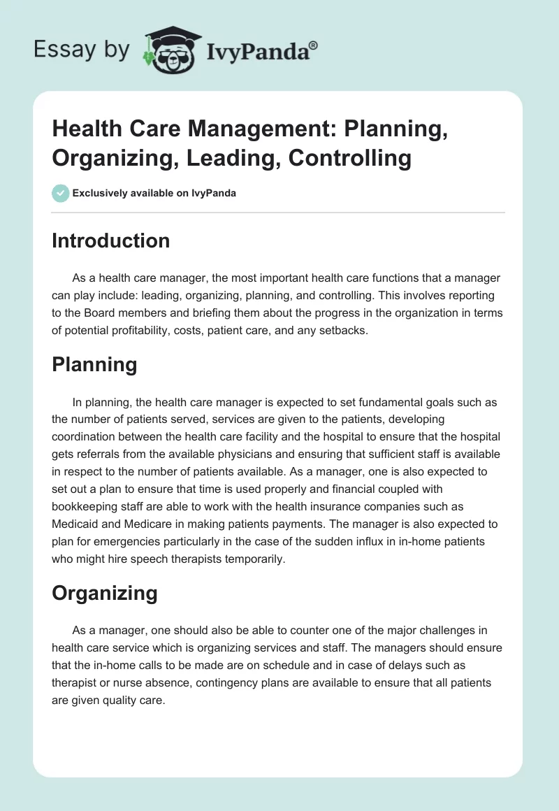 Health Care Management: Planning, Organizing, Leading, Controlling. Page 1