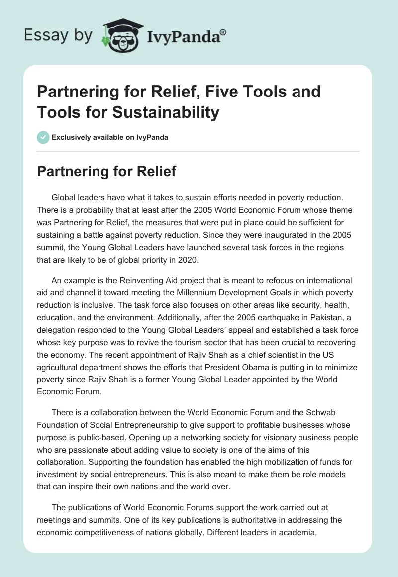 Partnering for Relief, Five Tools and Tools for Sustainability. Page 1