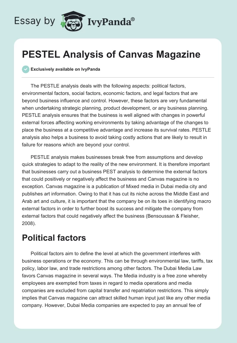 PESTEL Analysis of Canvas Magazine. Page 1