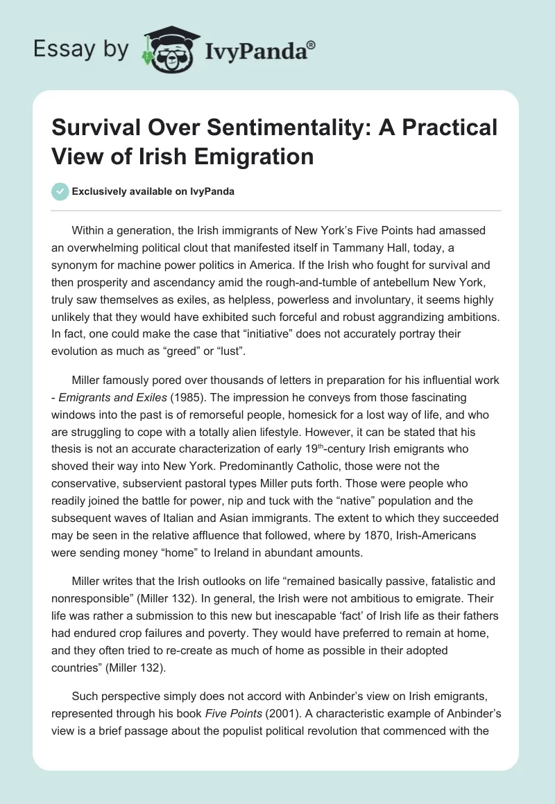 Survival Over Sentimentality: A Practical View of Irish Emigration. Page 1