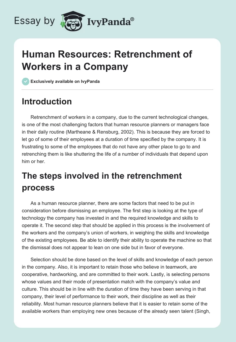 Human Resources: Retrenchment of Workers in a Company. Page 1