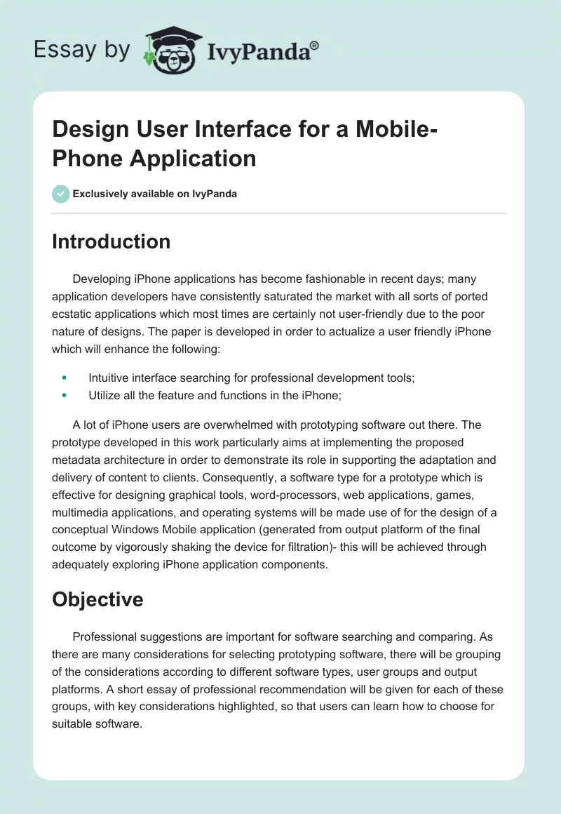 Design User Interface for a Mobile-Phone Application. Page 1