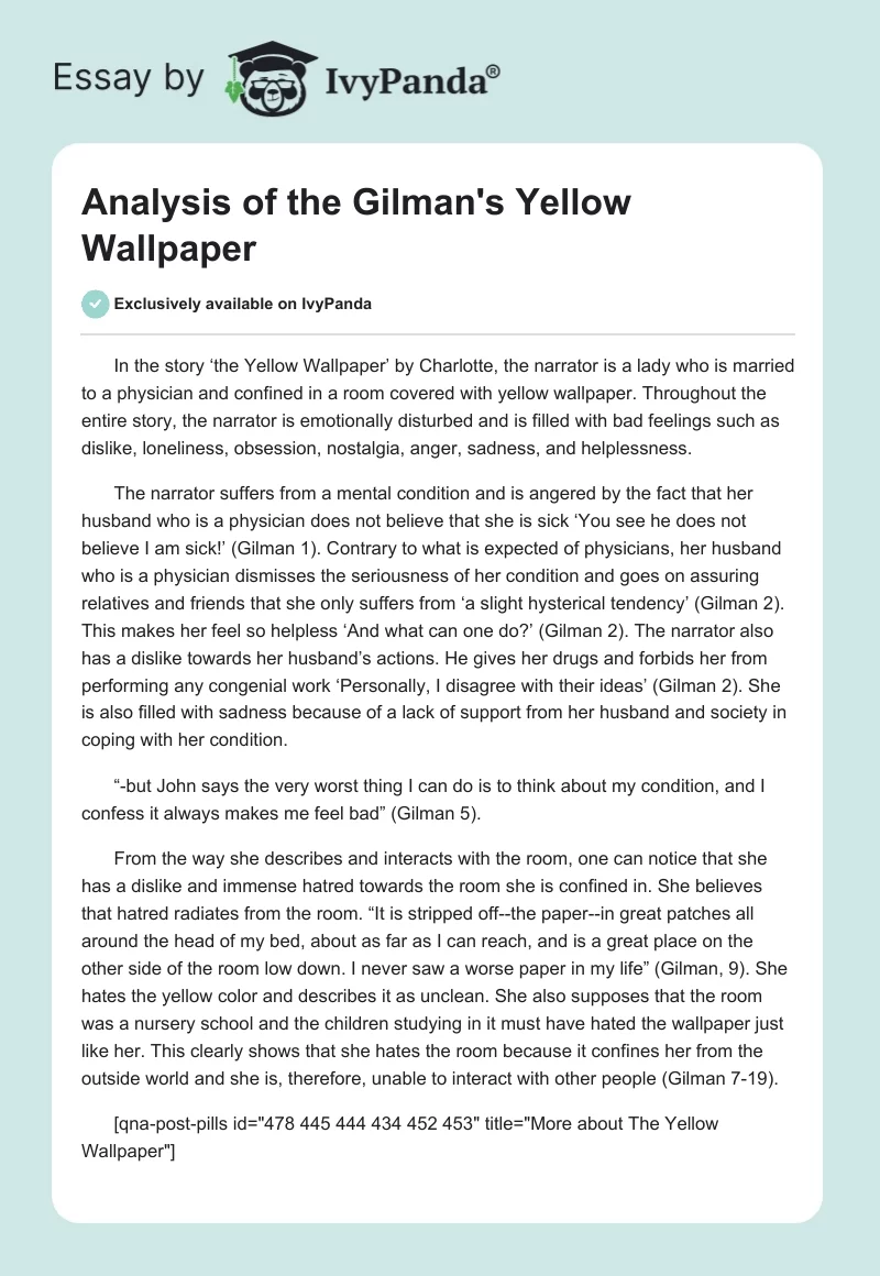 Analysis of the Gilman's "Yellow Wallpaper". Page 1