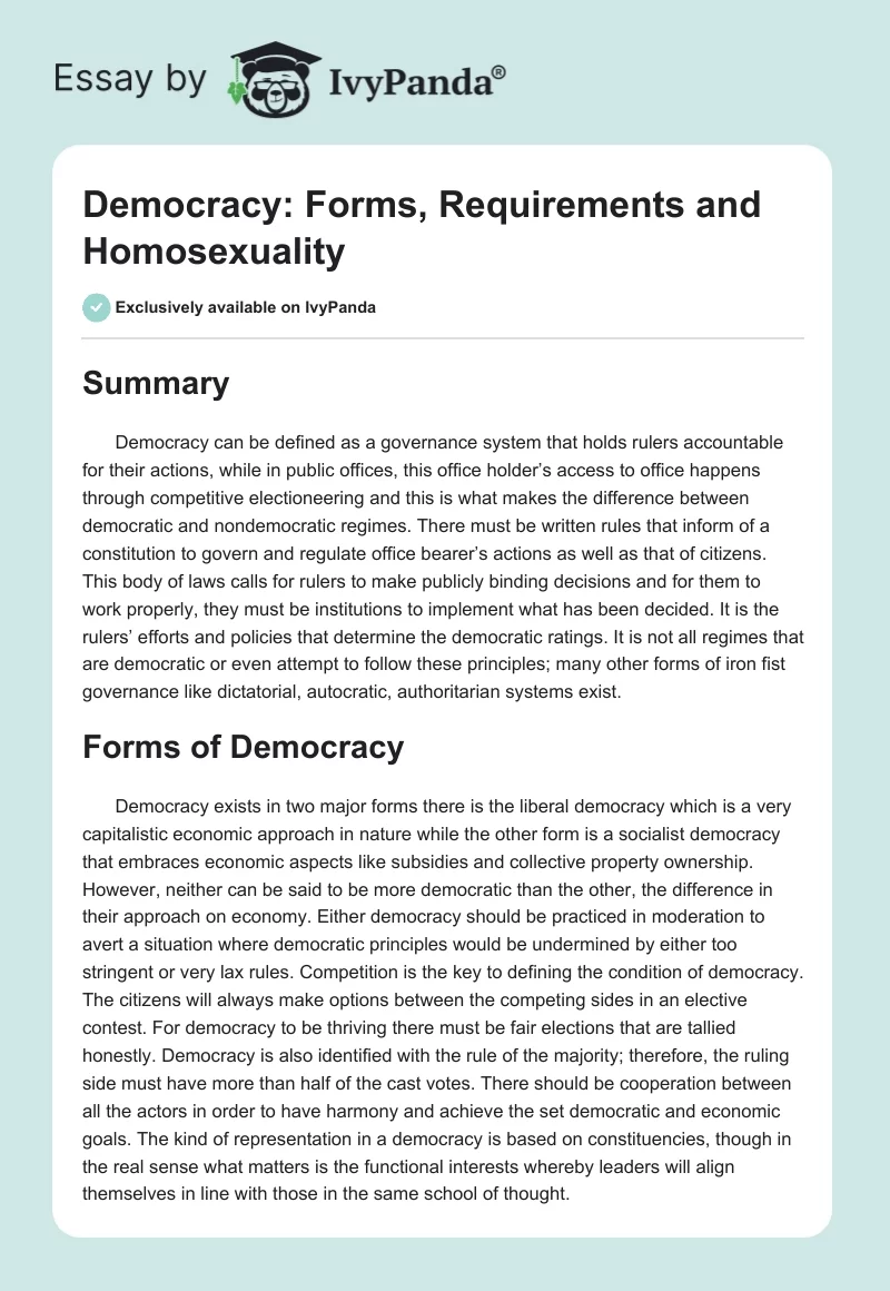Democracy: Forms, Requirements and Homosexuality. Page 1