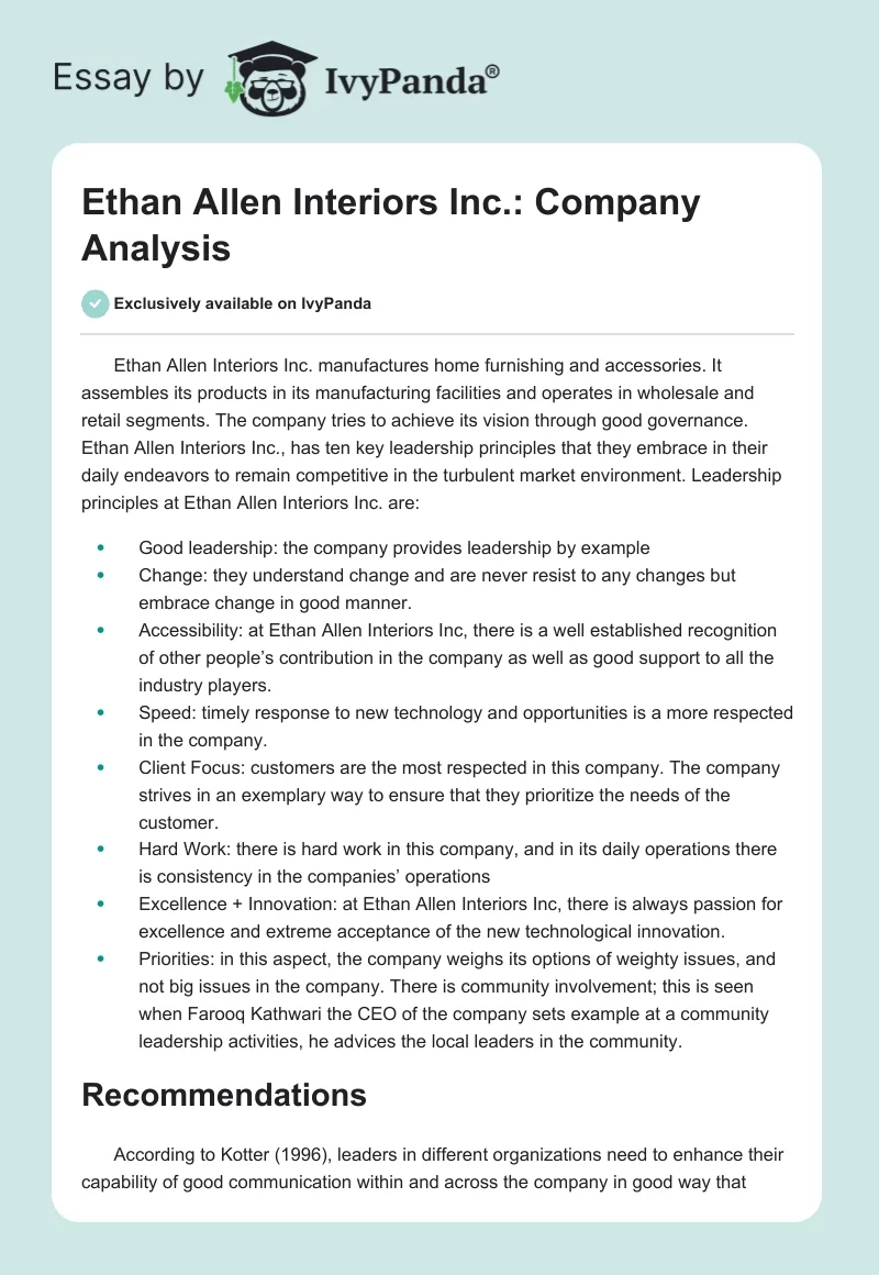 Ethan Allen Interiors Inc.: Company Analysis. Page 1