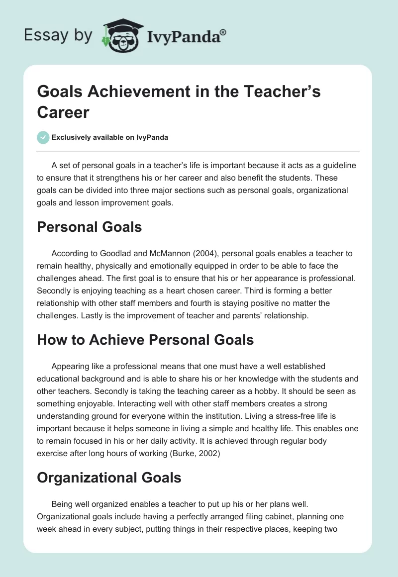 Goals Achievement in the Teacher’s Career. Page 1