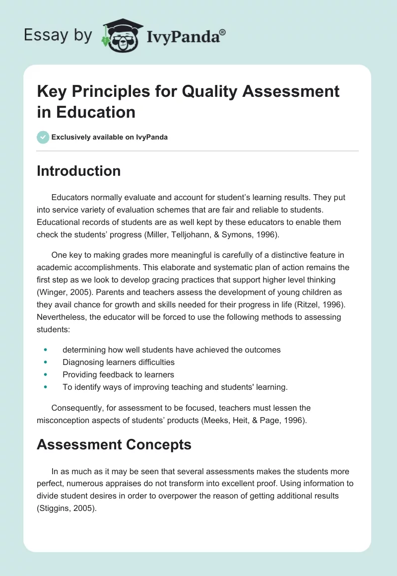 Key Principles for Quality Assessment in Education. Page 1