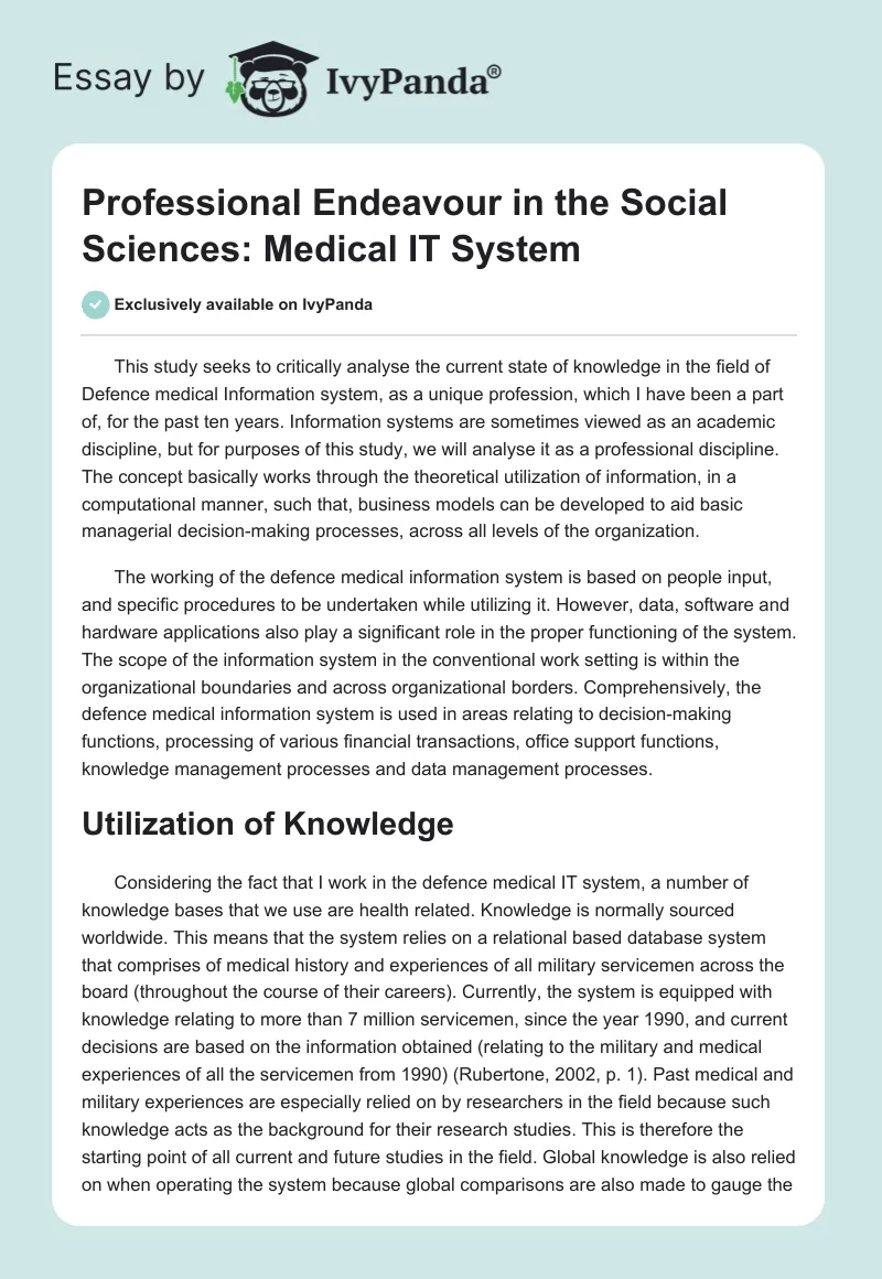 Professional Endeavour in the Social Sciences: Medical IT System. Page 1