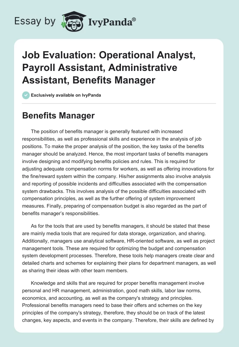 Job Evaluation: Operational Analyst, Payroll Assistant, Administrative Assistant, Benefits Manager. Page 1