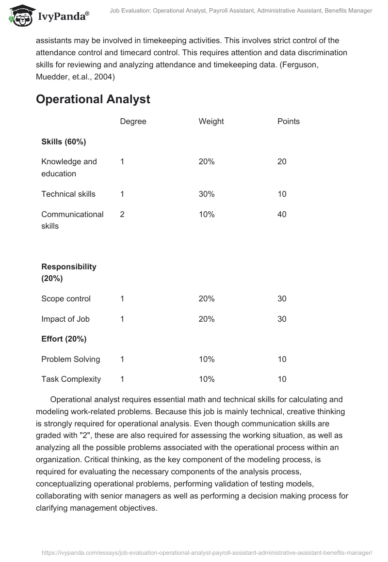 Job Evaluation: Operational Analyst, Payroll Assistant, Administrative Assistant, Benefits Manager. Page 5