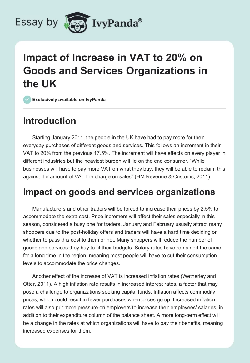 Impact of Increase in VAT to 20% on Goods and Services Organizations in the UK. Page 1