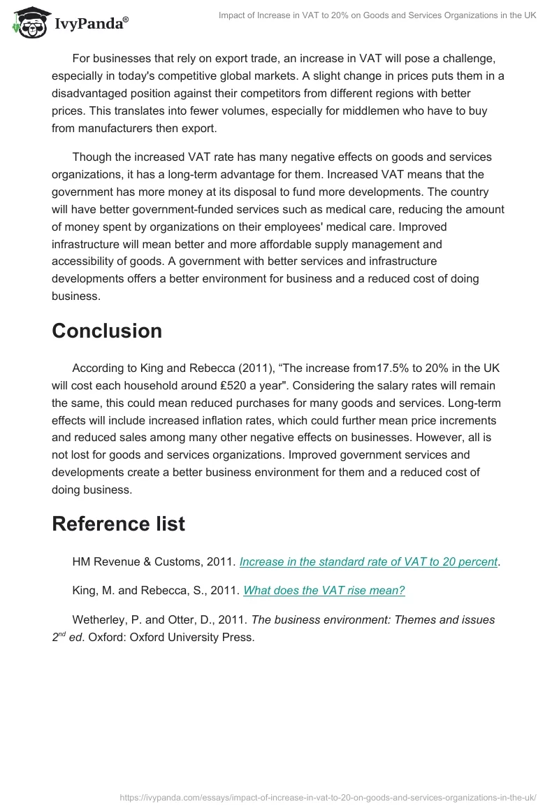 Impact of Increase in VAT to 20% on Goods and Services Organizations in the UK. Page 2