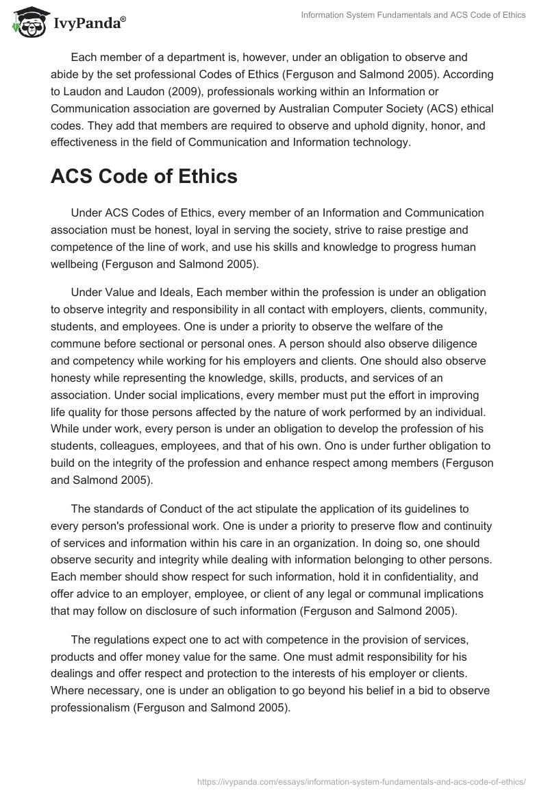 Information System Fundamentals and ACS Code of Ethics. Page 2