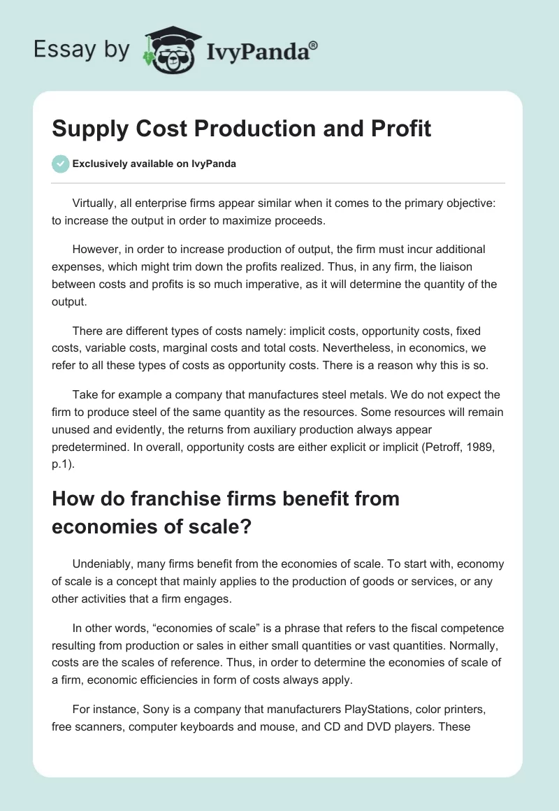 Supply Cost Production and Profit. Page 1