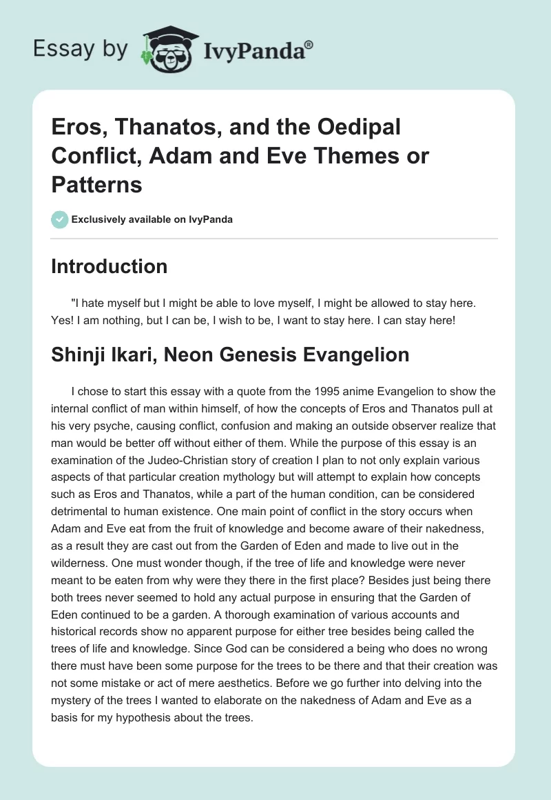 Eros, Thanatos, and the Oedipal Conflict, Adam and Eve Themes or Patterns. Page 1