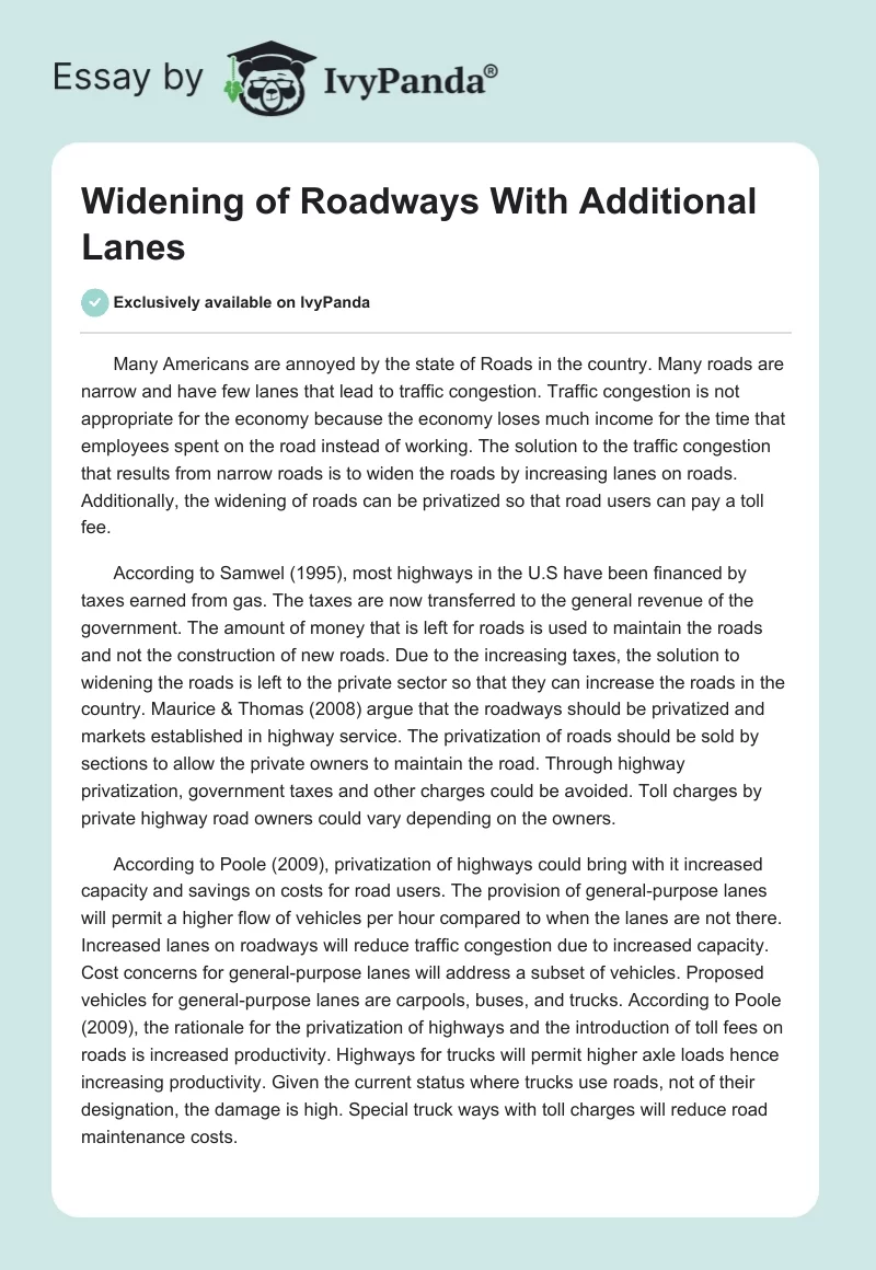Widening of Roadways With Additional Lanes. Page 1
