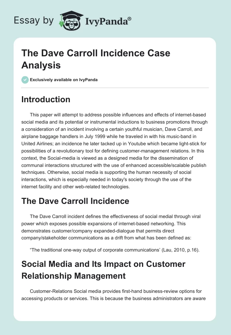 The Dave Carroll Incidence Case Analysis. Page 1