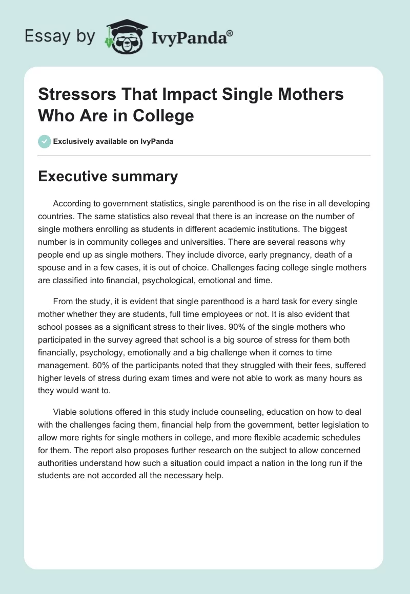 Stressors That Impact Single Mothers Who Are in College. Page 1