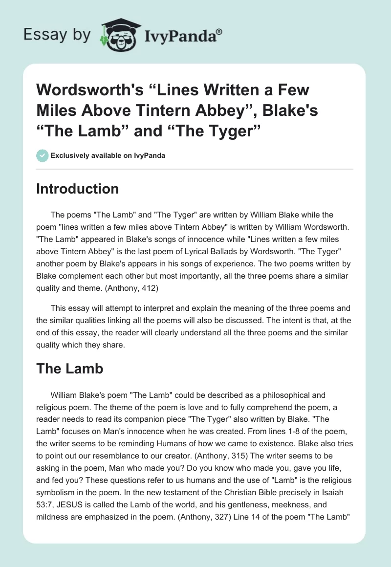 Wordsworth's “Lines Written a Few Miles Above Tintern Abbey”, Blake's “The Lamb” and “The Tyger”. Page 1