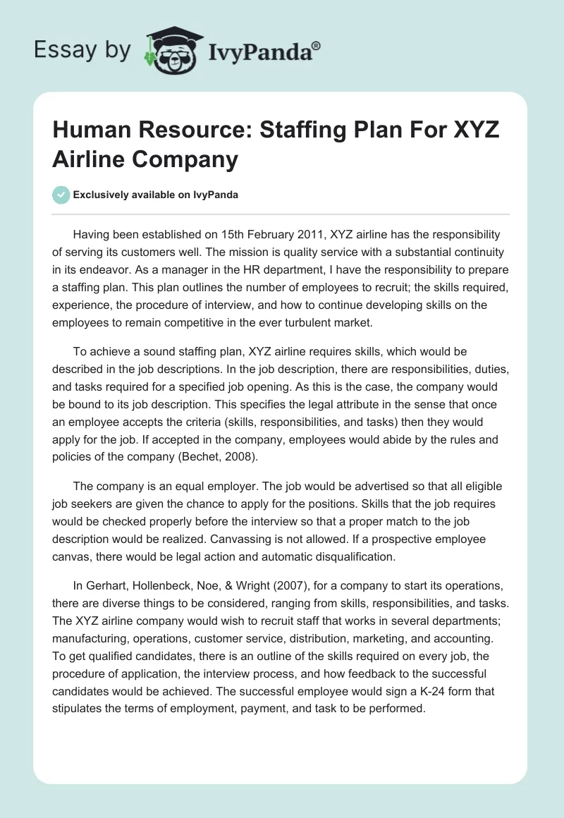 Human Resource: Staffing Plan For XYZ Airline Company. Page 1