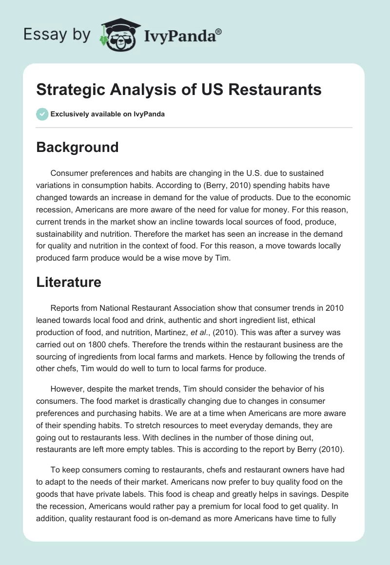 Strategic Analysis of US Restaurants. Page 1