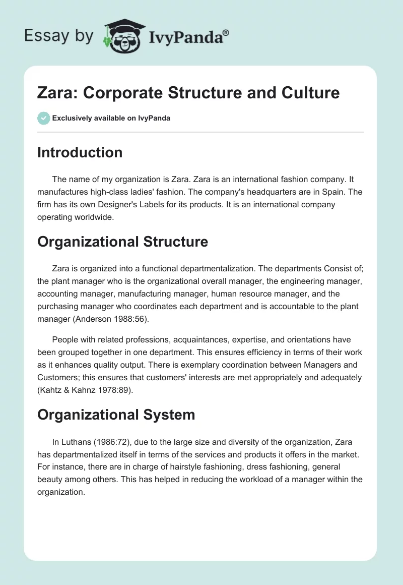 Zara: Corporate Structure and Culture. Page 1