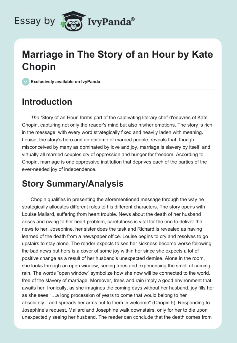 Marriage in "The Story of an Hour" by Kate Chopin. Page 1