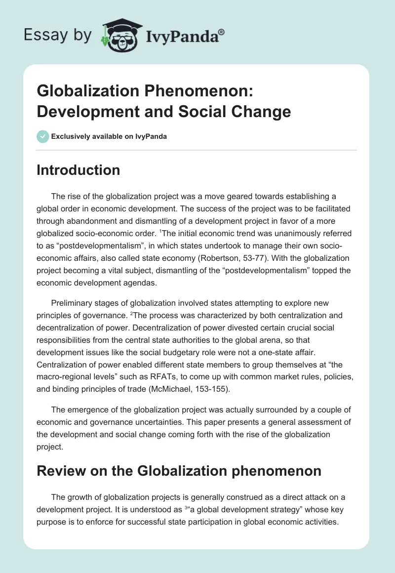Globalization Phenomenon: Development and Social Change. Page 1