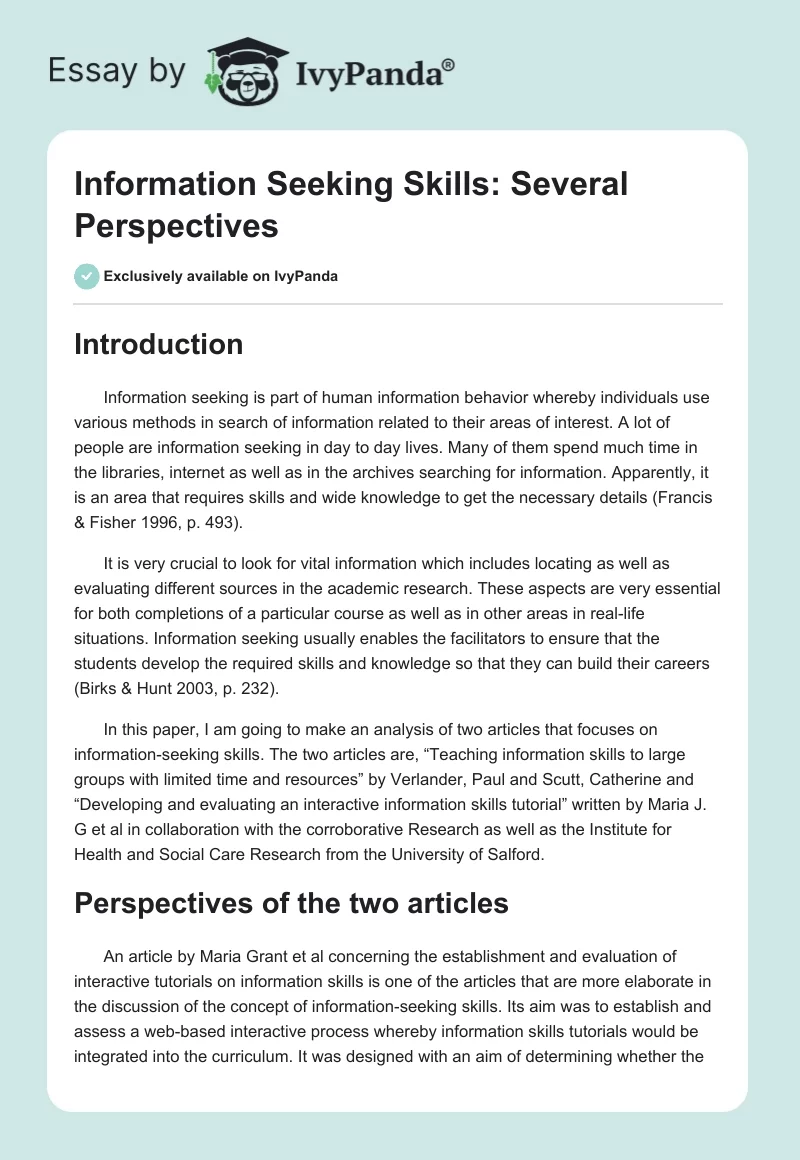 Information Seeking Skills: Several Perspectives. Page 1