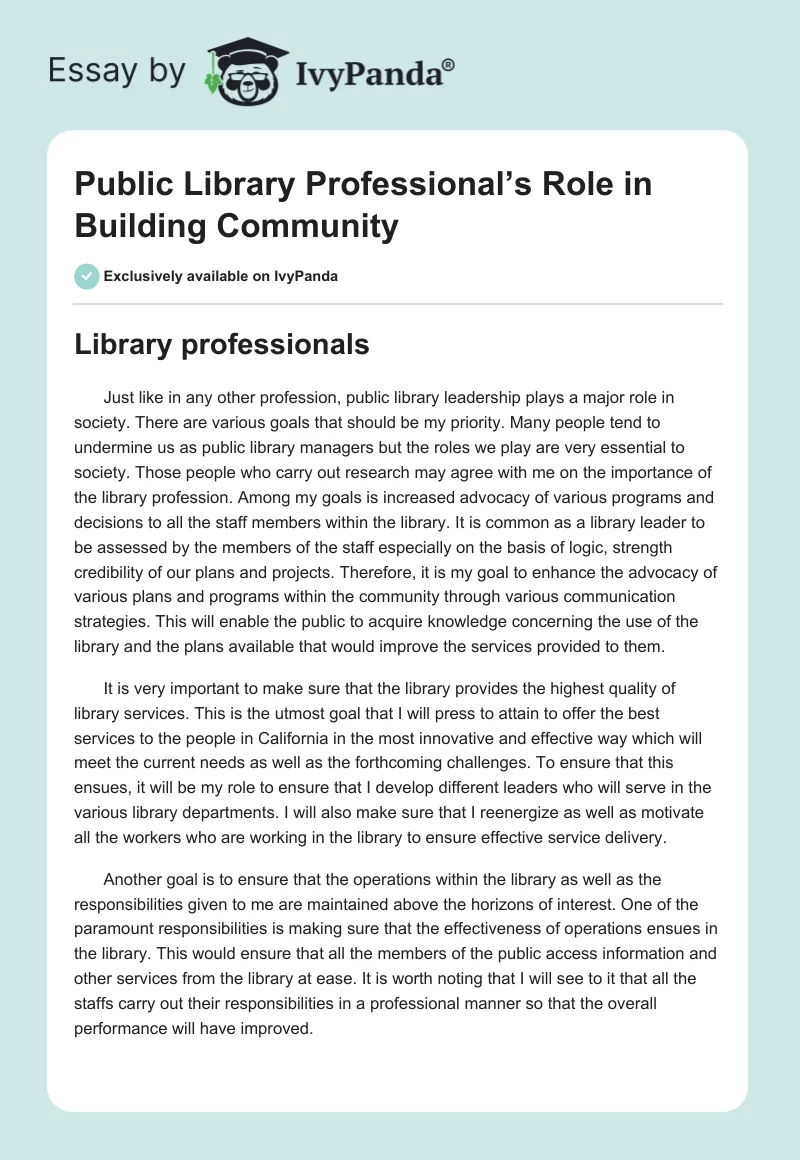 Public Library Professional’s Role in Building Community. Page 1