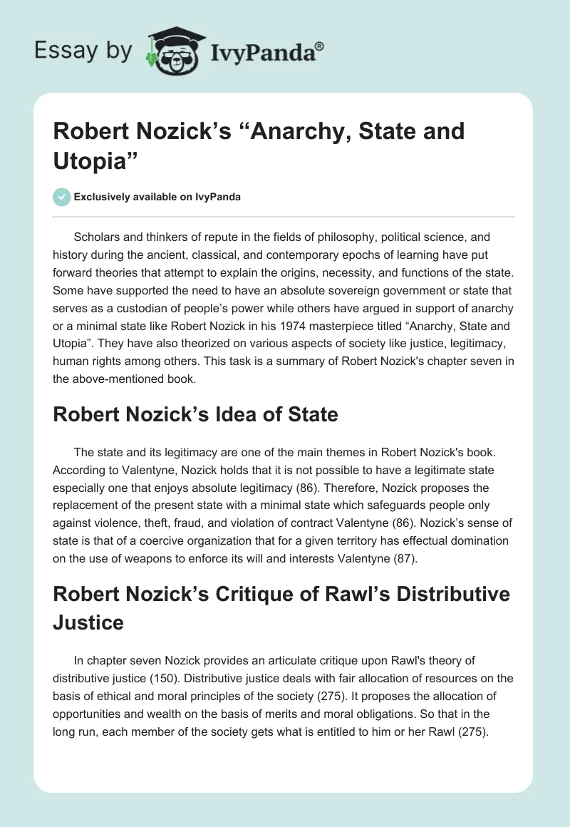 Robert Nozick’s “Anarchy, State and Utopia”. Page 1