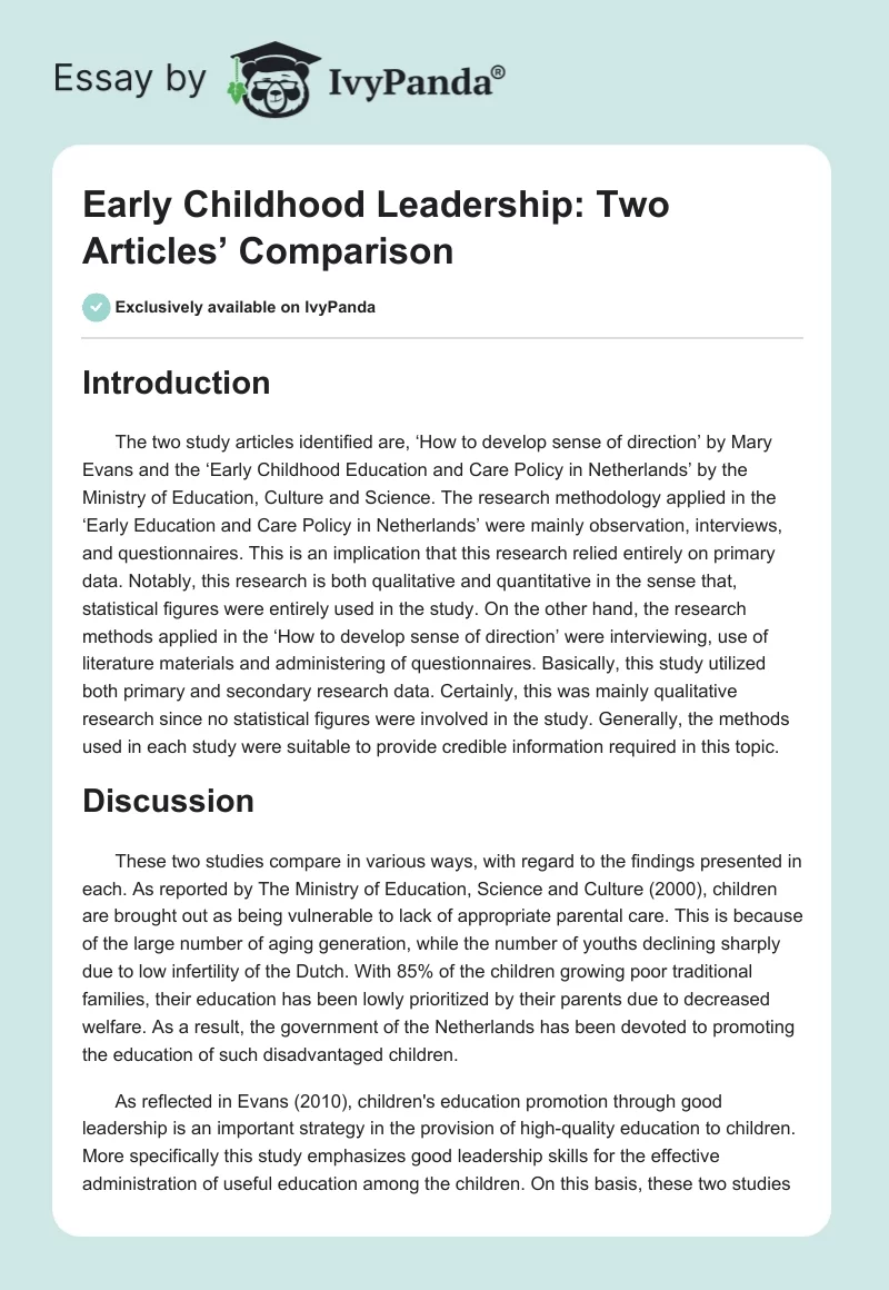 Early Childhood Leadership: Two Articles’ Comparison. Page 1