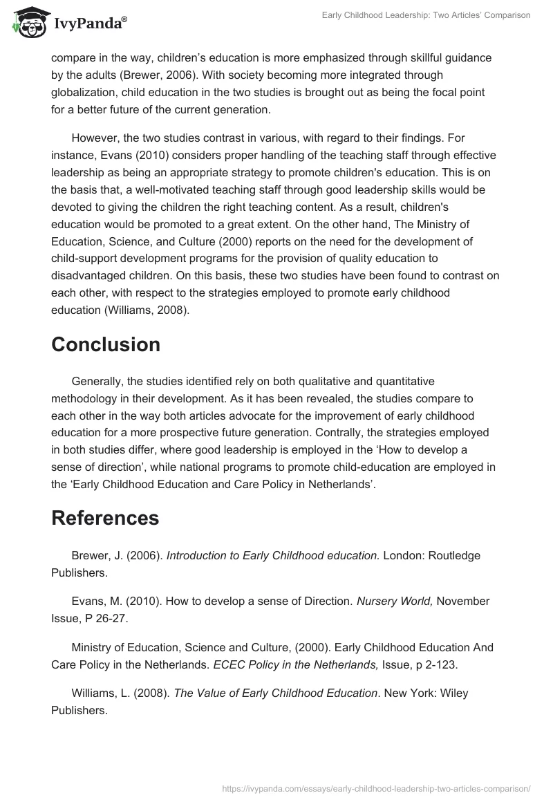 Early Childhood Leadership: Two Articles’ Comparison. Page 2