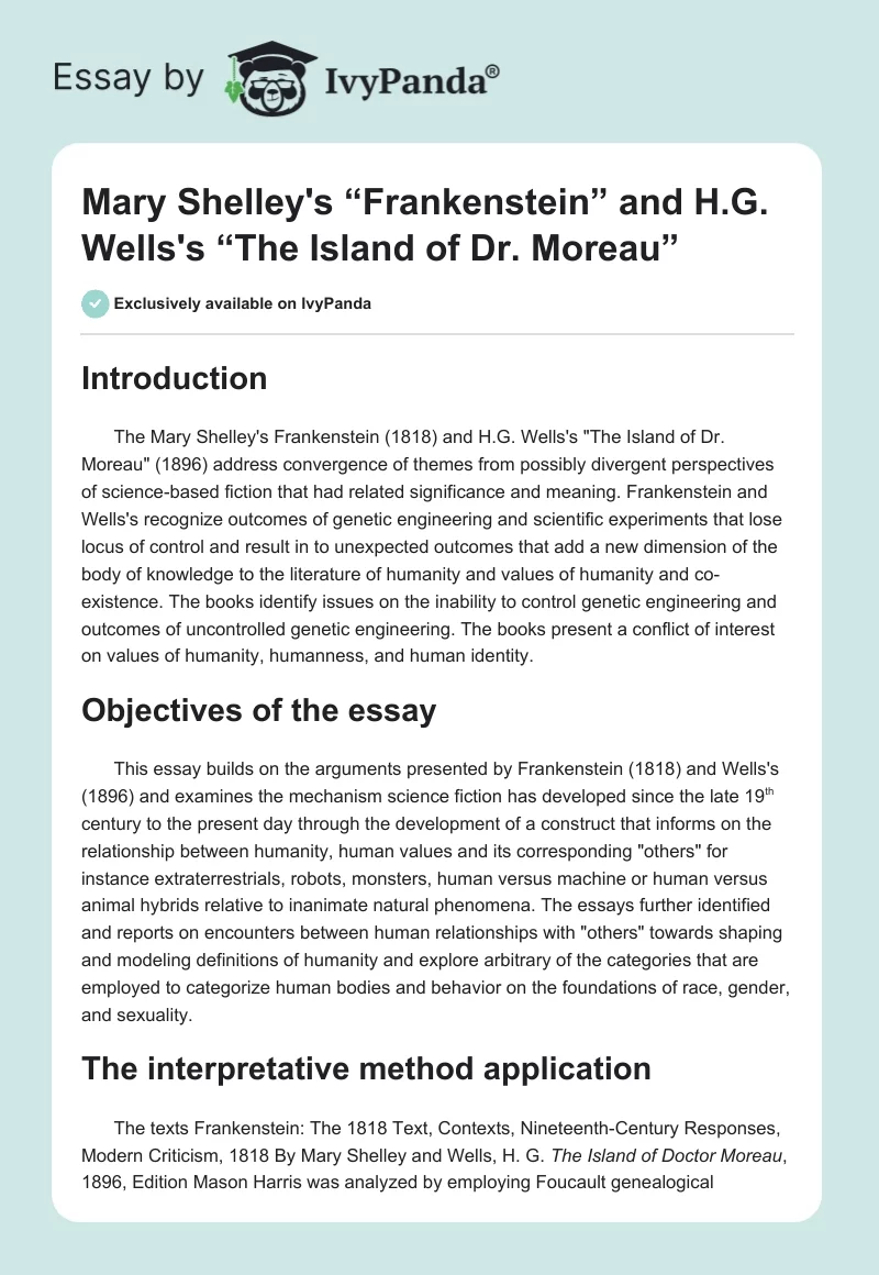 Mary Shelley's “Frankenstein” and H.G. Wells's “The Island of Dr. Moreau”. Page 1