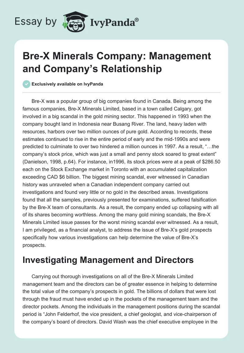 Bre-X Minerals Company: Management and Company’s Relationship. Page 1