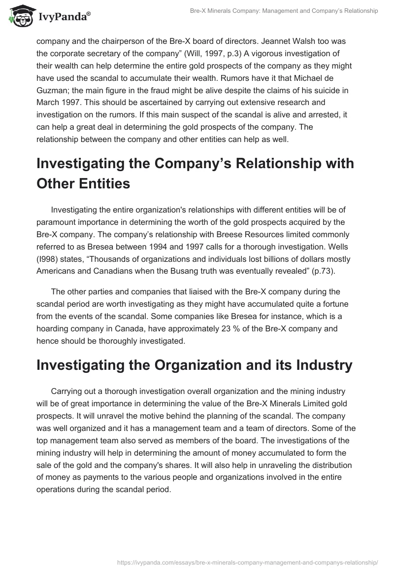 Bre-X Minerals Company: Management and Company’s Relationship. Page 2