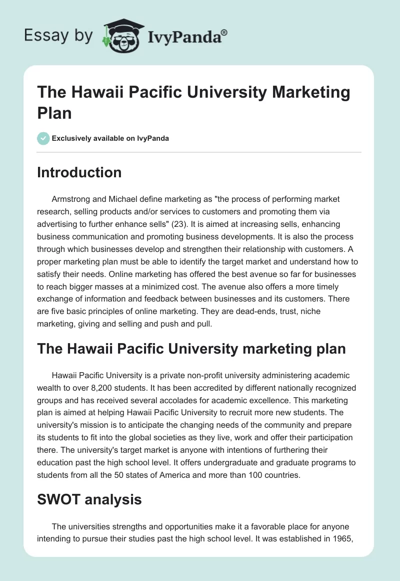 The Hawaii Pacific University Marketing Plan. Page 1